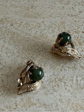 Vintage Gold-Tone Leaf Clip Earrings with Green Cabochon marked & patented